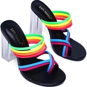 🌈 Black Rainbow PVC Clear Block Heel Mules